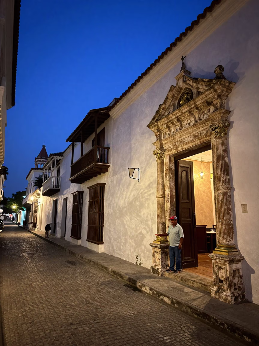 Indigo Twilight Street Scene in Cartagena Colombia with Brass Details in in Cartagena, Colombia