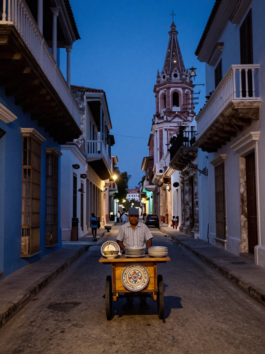Indigo Twilight Street Scene in Cartagena Colombia with Ceramic Plate and Dish Towel in in Cartagena, Colombia