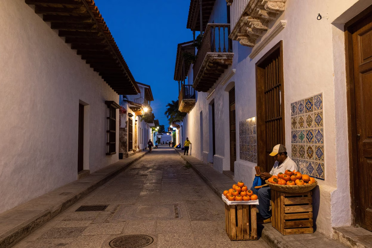 Indigo Twilight Street Scene in Cartagena Colombia with Ceramic Tiles and Local Market Activity in in Cartagena, Colombia