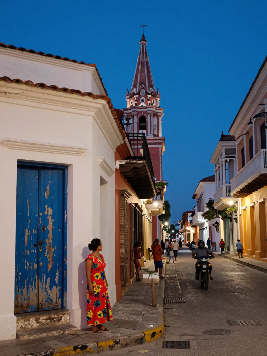 Indigo Twilight Street Scene in Cartagena Colombia with Colorful Architecture and Local Life in in Cartagena, Colombia