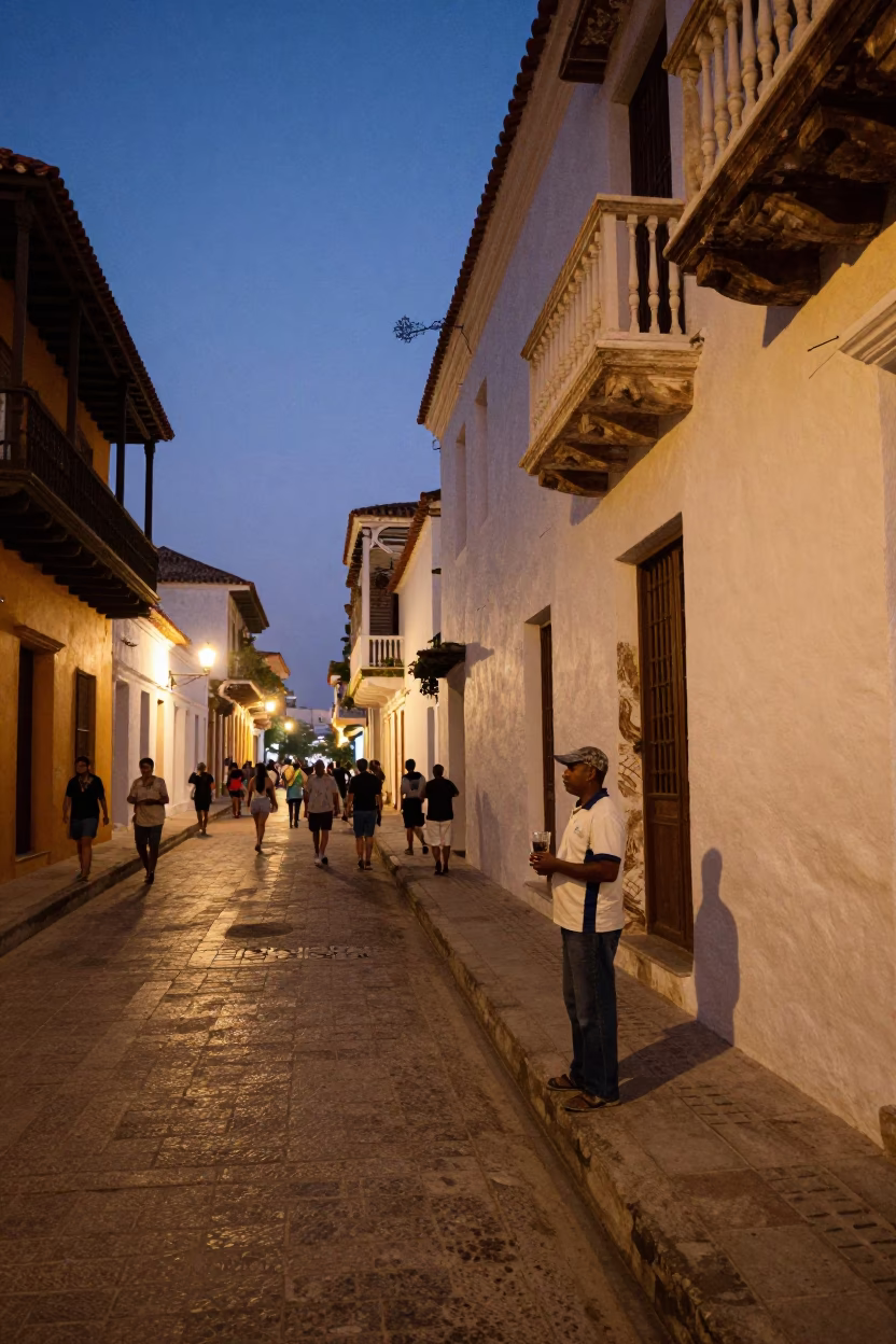Indigo Twilight Street Scene in Cartagena Colombia with Glass Tumbler and Clear Glass Rail in in Cartagena, Colombia