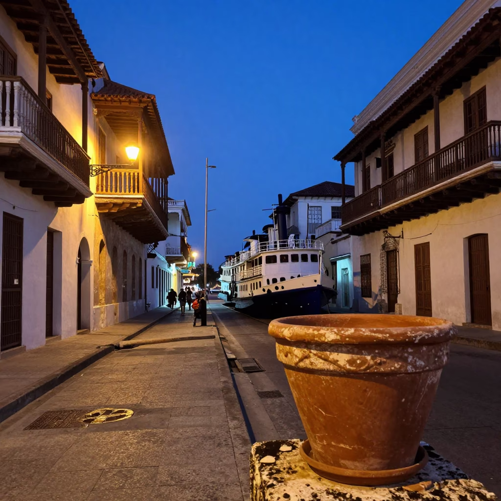 Indigo Twilight Street Scene in Cartagena Colombia with Paddlewheel Steamboat and Plant Pot in in Cartagena, Colombia