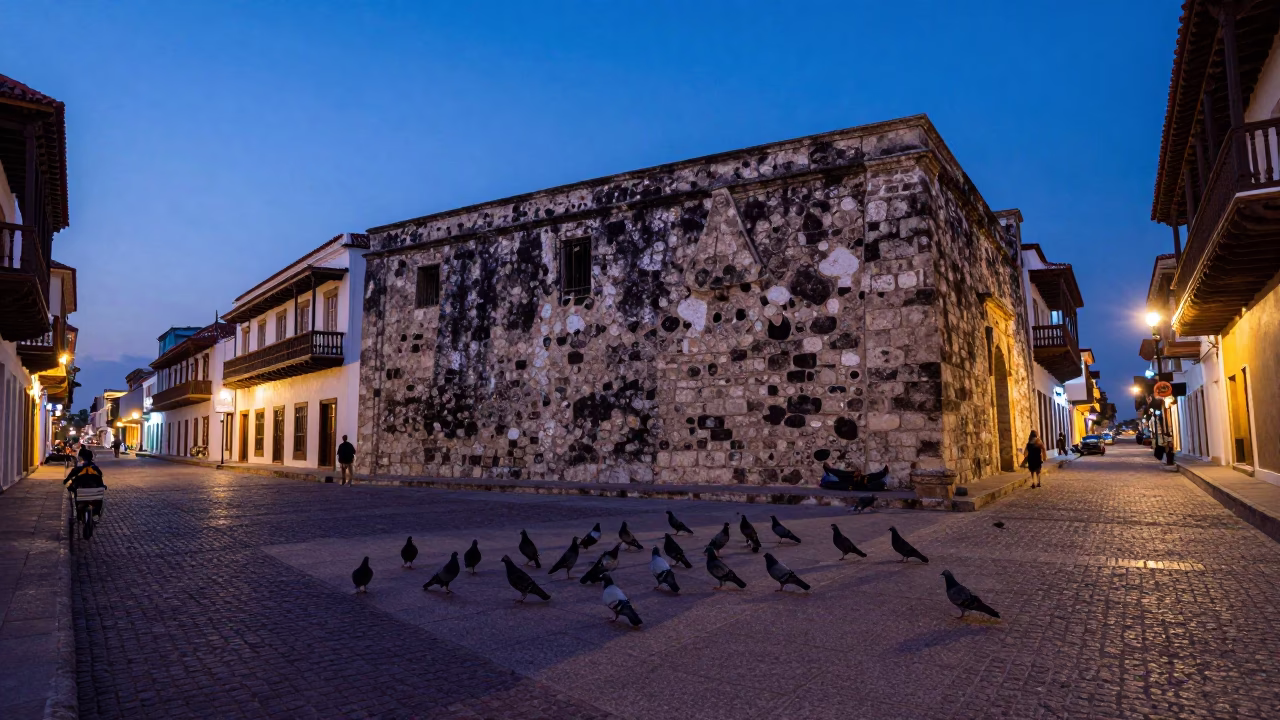 Indigo Twilight Street Scene in Cartagena Colombia with Pigeons and Local Architecture in in Cartagena, Colombia