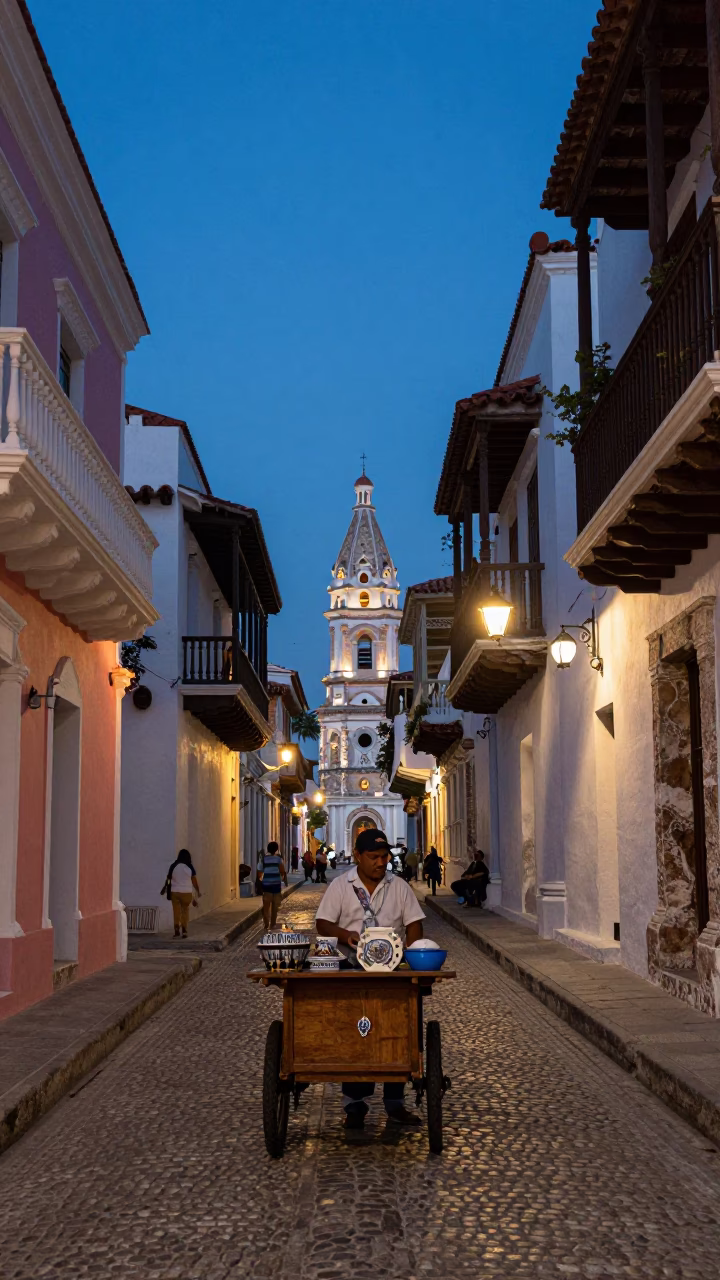 Indigo Twilight Street Scene in Cartagena Colombia with Porcelain and Amulet Details in in Cartagena, Colombia