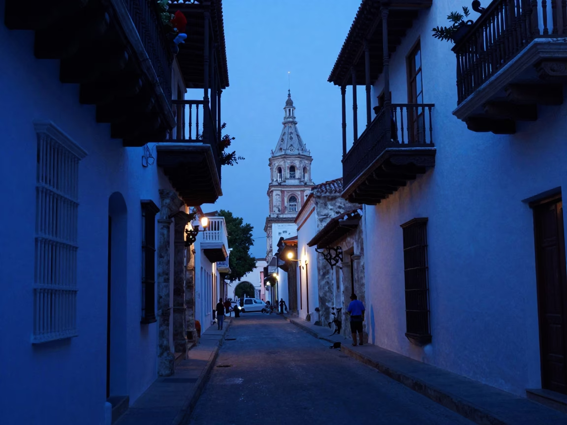 Indigo Twilight Street Scene in Cartagena Colombia with Taper Candle and Berry in in Cartagena, Colombia