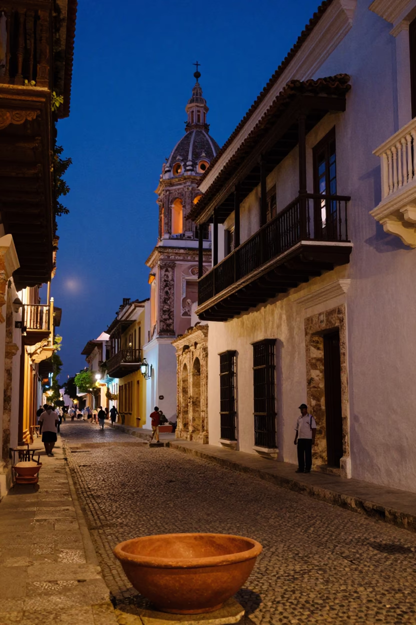 Indigo Twilight Street Scene in Cartagena Colombia with Terracotta Bowl and Window Light in in Cartagena, Colombia