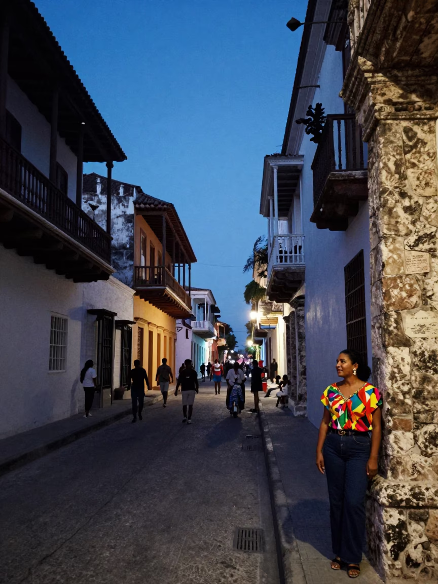 Indigo twilight street scene in Cartagena Colombia with vintage 1980s architecture and local activity in in Cartagena, Colombia