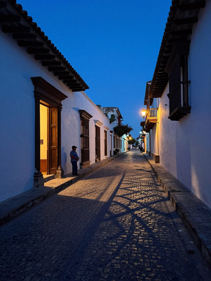 Indigo Twilight Street Scene in Cartagena Colombia with Wicker Shadow and Blue Porcelain Bowl in in Cartagena, Colombia