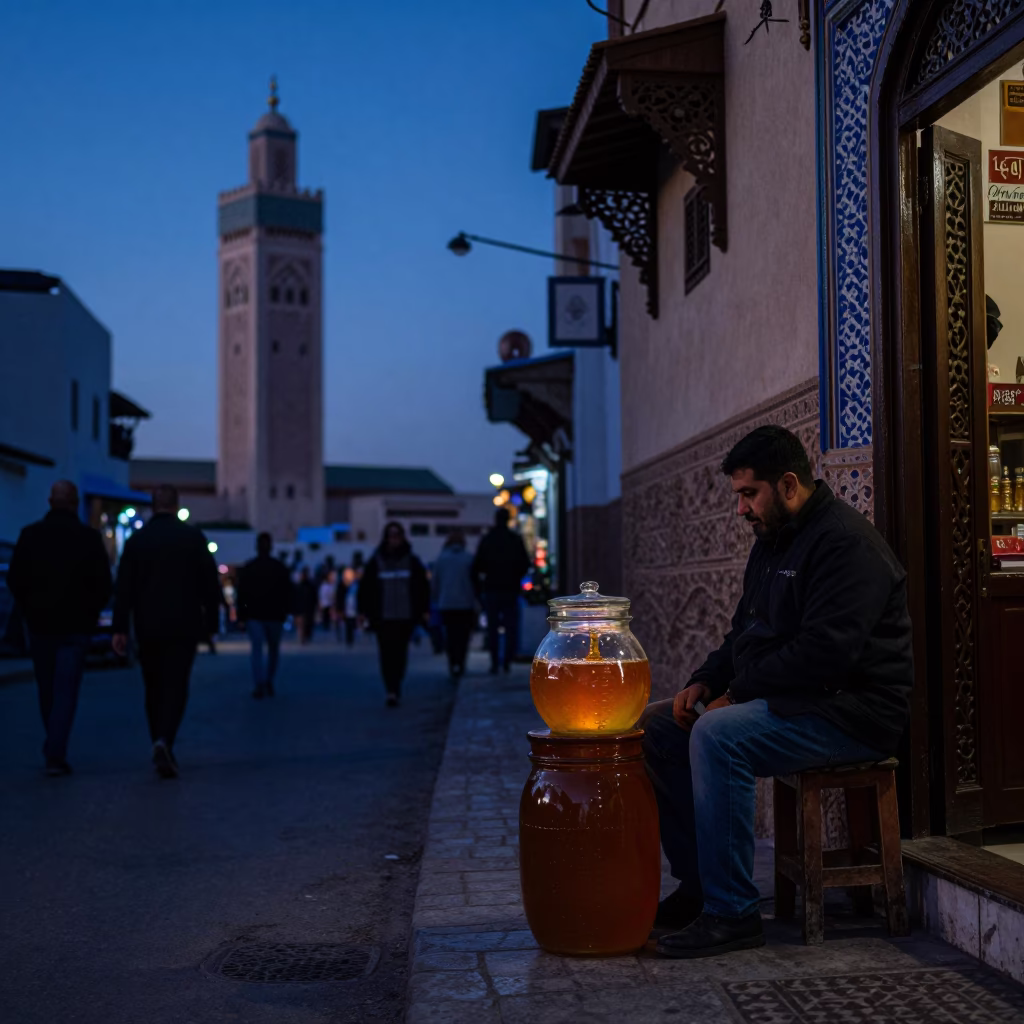 Indigo Twilight Street Scene in Casablanca Morocco with Glass Jar and Aprons in in Casablanca, Morocco