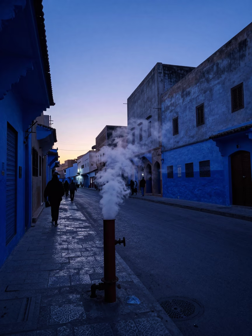 Indigo Twilight Street Scene in Casablanca Morocco with Steaming Heating Pipe and Glass Carafe in in Casablanca, Morocco