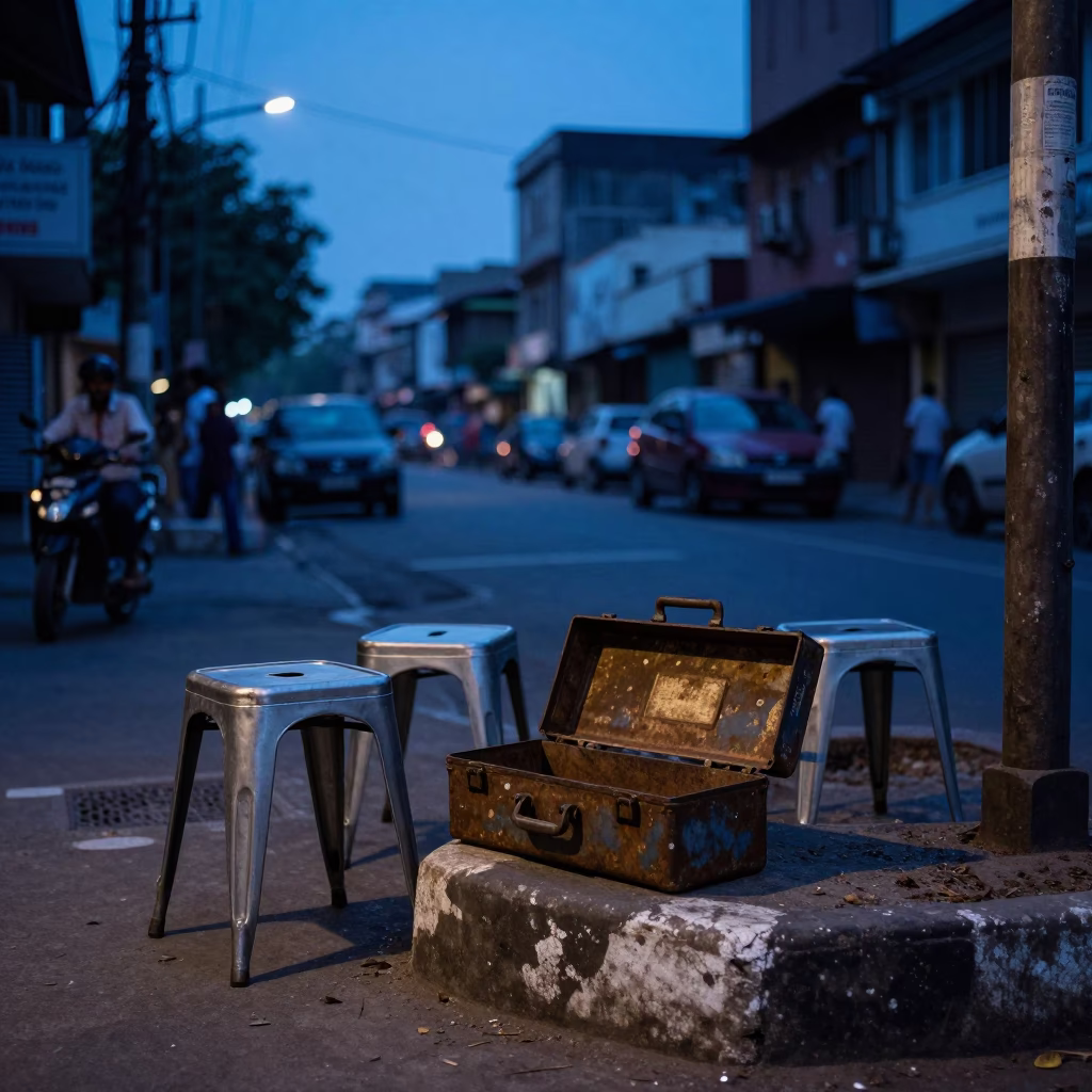 Indigo Twilight Street Scene in Chennai India with Metal Stools and Toolbox in in Chennai, India