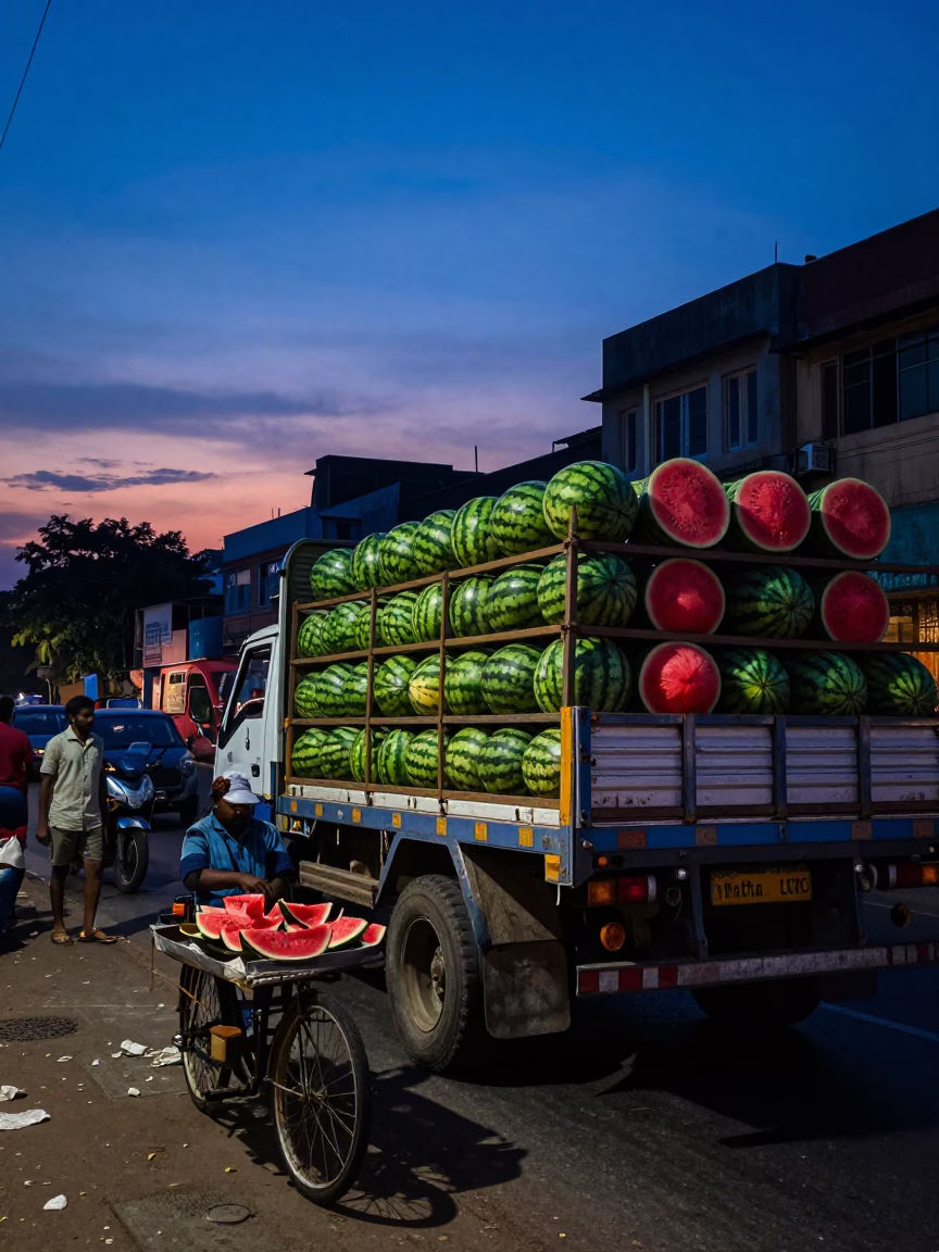 Indigo Twilight Street Scene in Chennai India with Watermelon Vendor and Urban Skyline in in Chennai, India