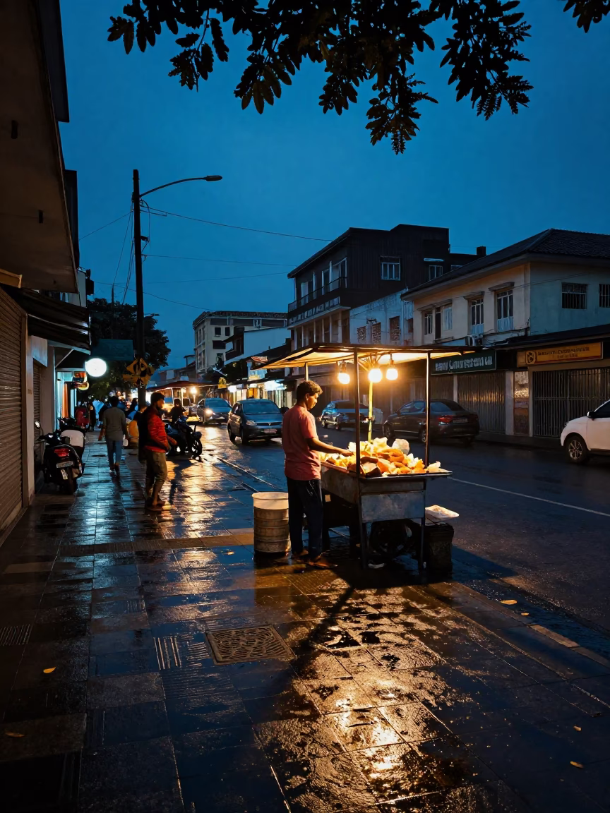 Indigo Twilight Street Scene in Chennai India with Wicker Shadows and Local Market Life in in Chennai, India