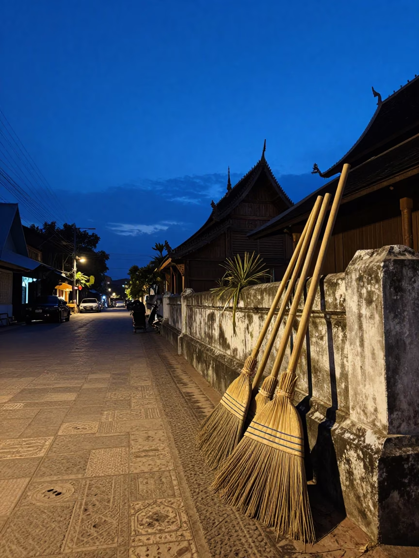 Indigo Twilight Street Scene in Chiang Mai Thailand with Brooms and Local Life in in Chiang Mai, Thailand