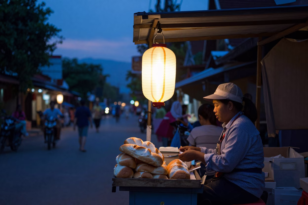 Indigo Twilight Street Scene in Chiang Mai Thailand with Lantern and Bread Loaves in in Chiang Mai, Thailand