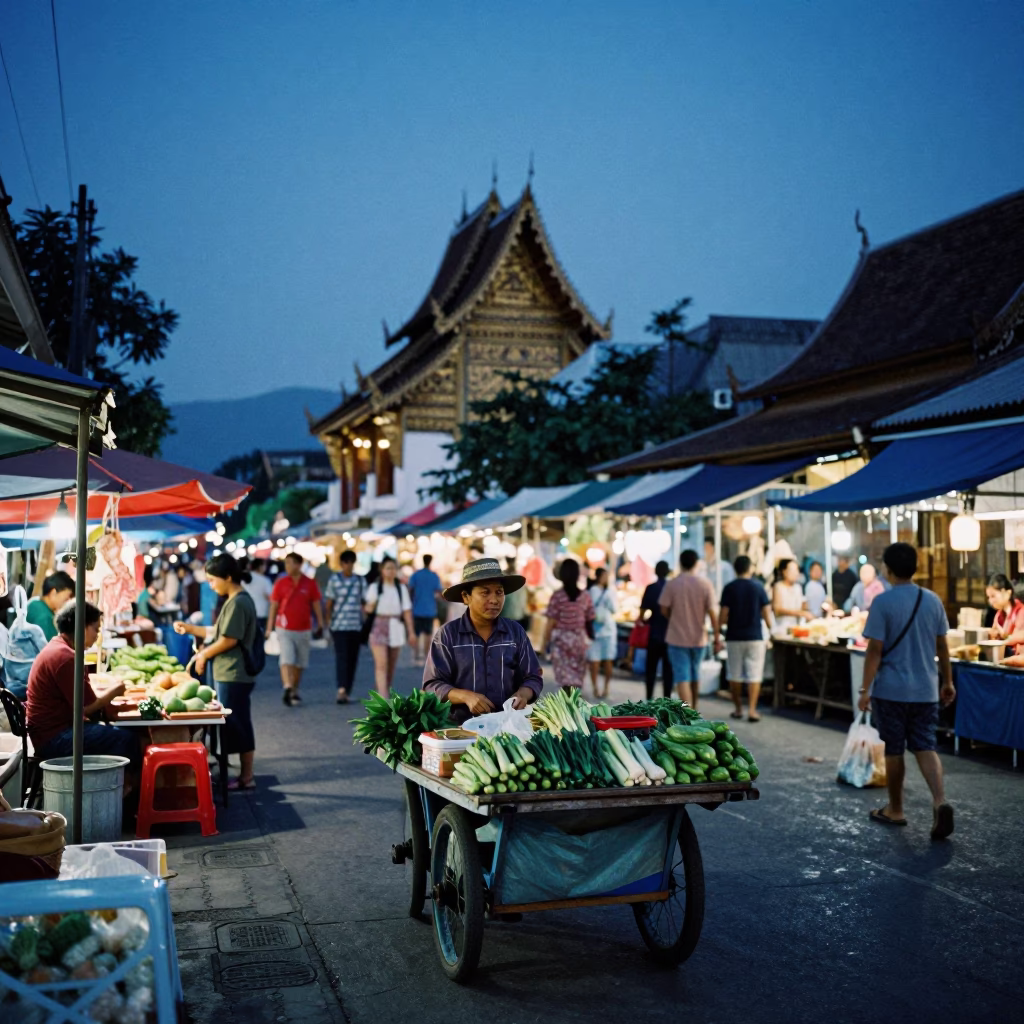 Indigo Twilight Street Scene in Chiang Mai Thailand with Local Vendor and Tin Box in in Chiang Mai, Thailand
