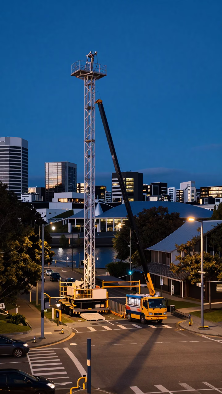 Indigo Twilight Street Scene in Christchurch New Zealand with Construction Elevator and Urban Life in in Christchurch, New Zealand