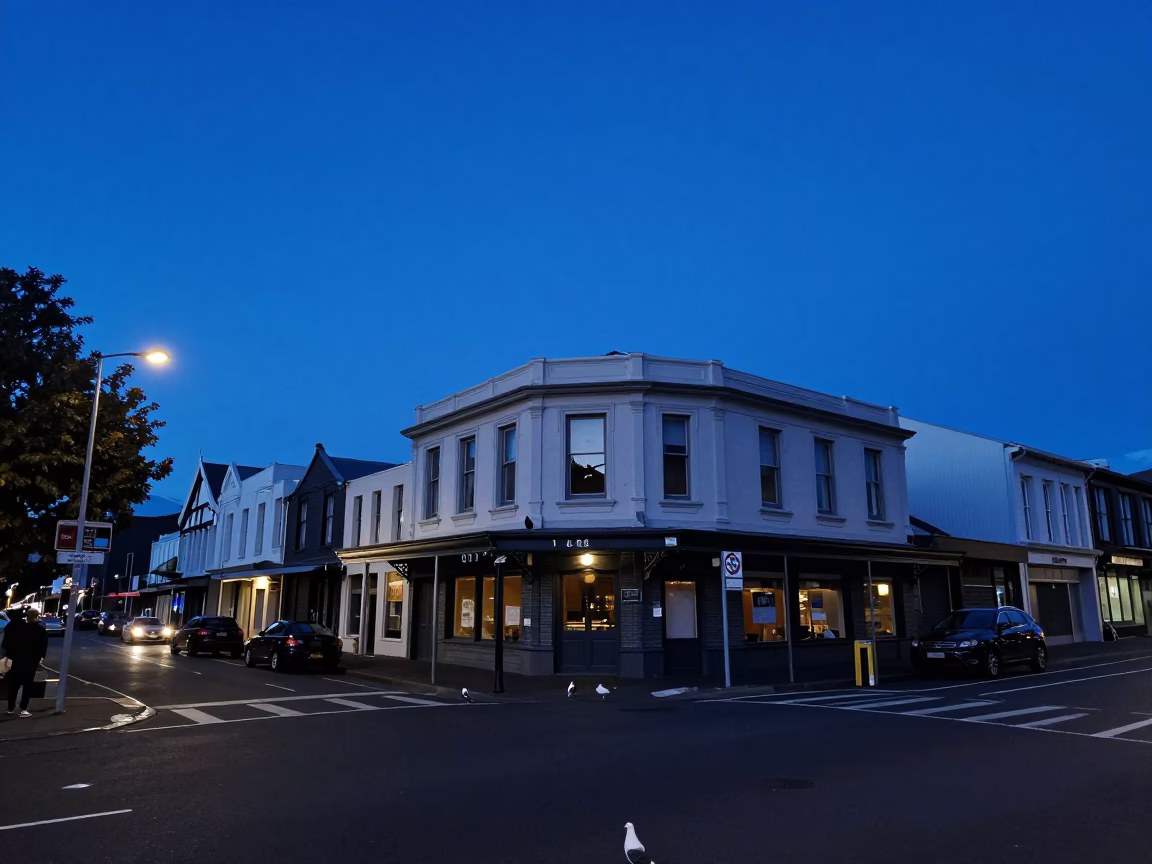 Indigo Twilight Street Scene in Christchurch New Zealand with Pigeons in in Christchurch, New Zealand