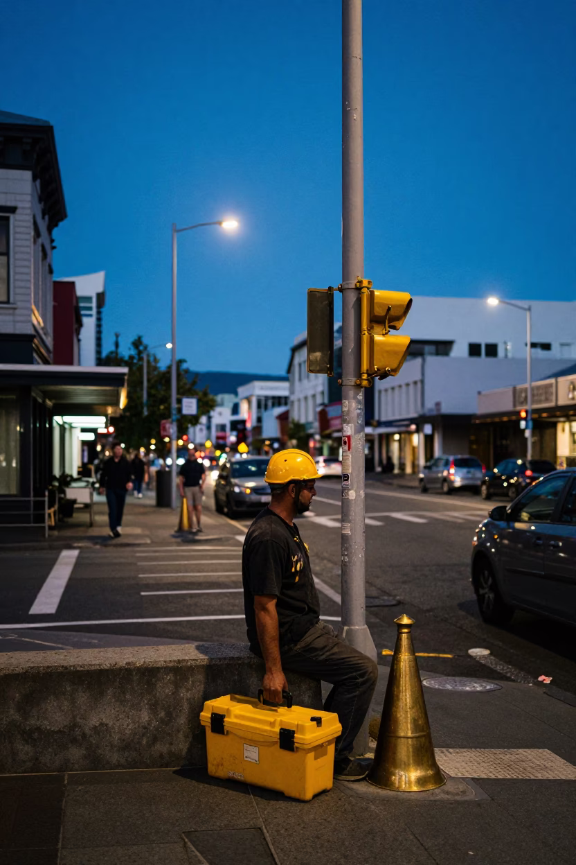 Indigo Twilight Street Scene in Christchurch New Zealand with Toolbox and Brass Details in in Christchurch, New Zealand