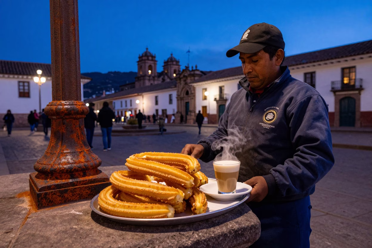 Indigo Twilight Street Scene in Cusco Peru with Churros and Rusty Rails in in Cusco, Peru