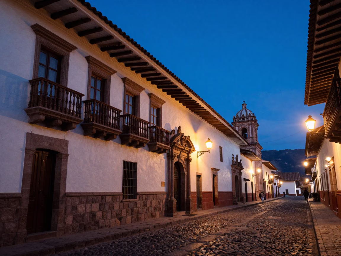 Indigo Twilight Street Scene in Cusco Peru with Colonial Architecture and Local Life in in Cusco, Peru