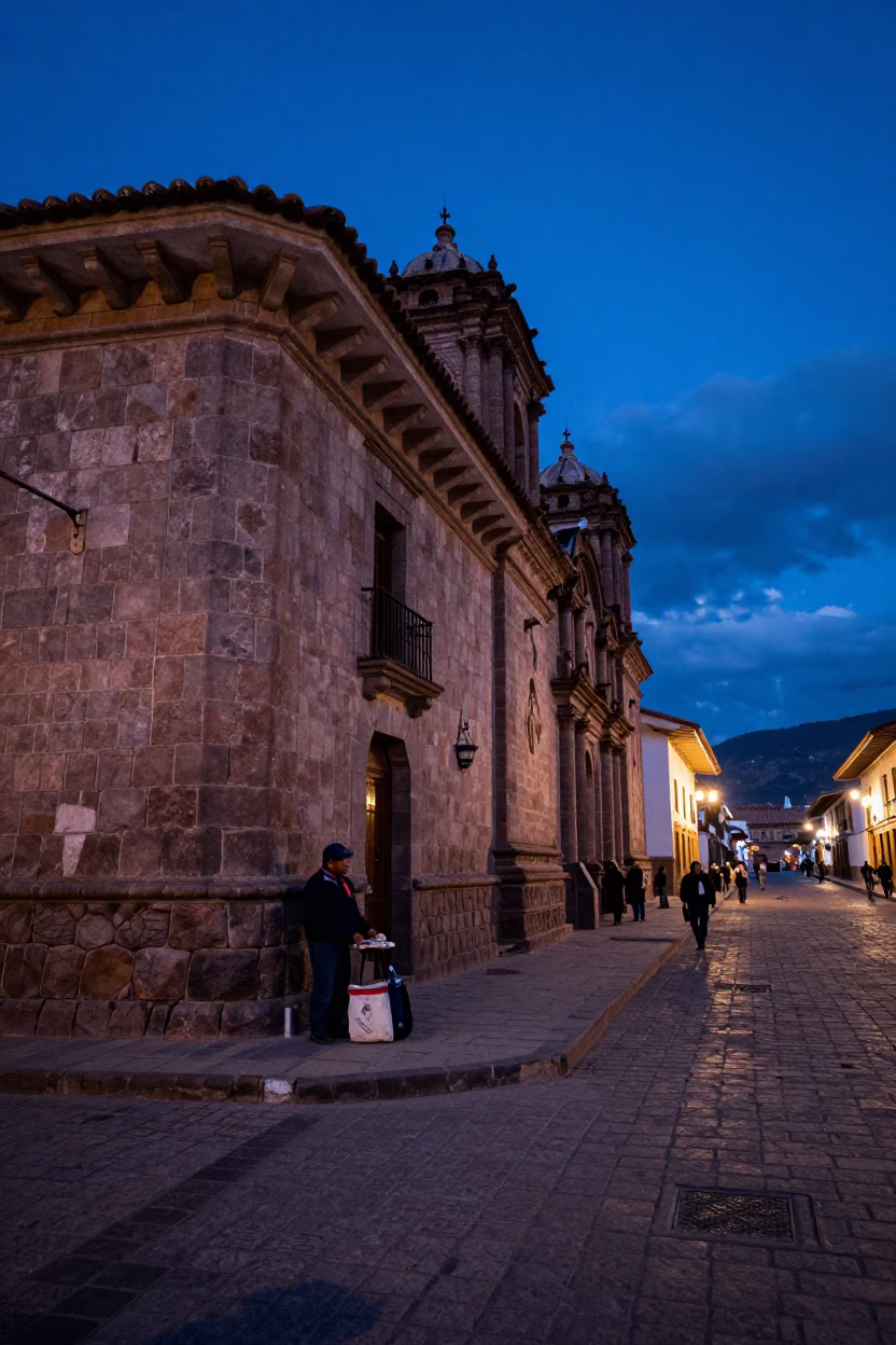Indigo Twilight Street Scene in Cusco Peru with Local Vendor and Stone Architecture in in Cusco, Peru