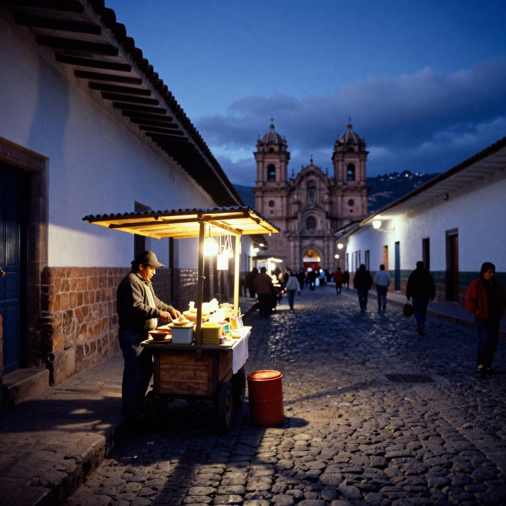 Indigo Twilight Street Scene in Cusco Peru with Local Vendors and Traditional Architecture in in Cusco, Peru