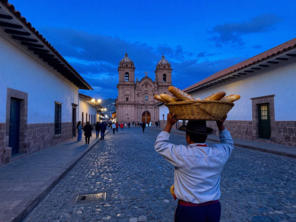 Indigo Twilight Street Scene in Cusco Peru with Stone Architecture and Local Market Activity in in Cusco, Peru