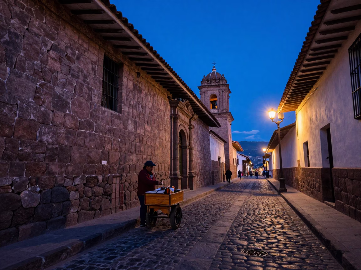 Indigo Twilight Street Scene in Cusco Peru with Stone Architecture and Local Vendor in in Cusco, Peru