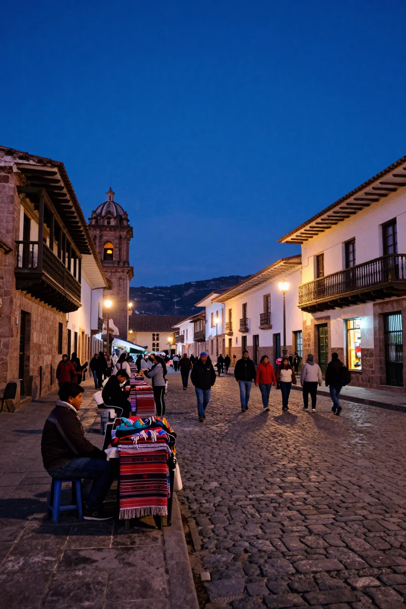 Indigo Twilight Street Scene in Cusco Peru with Stone Architecture and Local Vendors in in Cusco, Peru