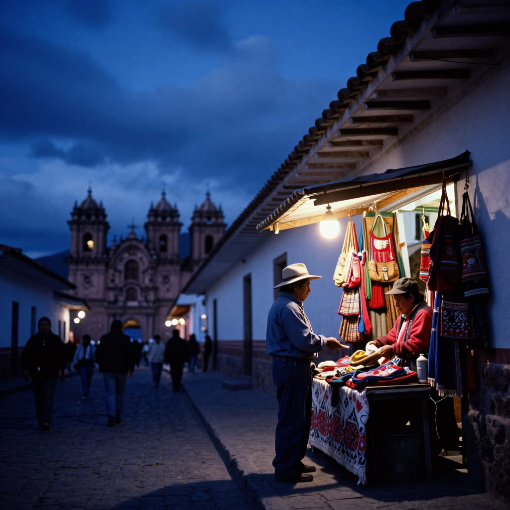Indigo Twilight Street Scene in Cusco Peru with Traveler Wearing Sun Hat in in Cusco, Peru