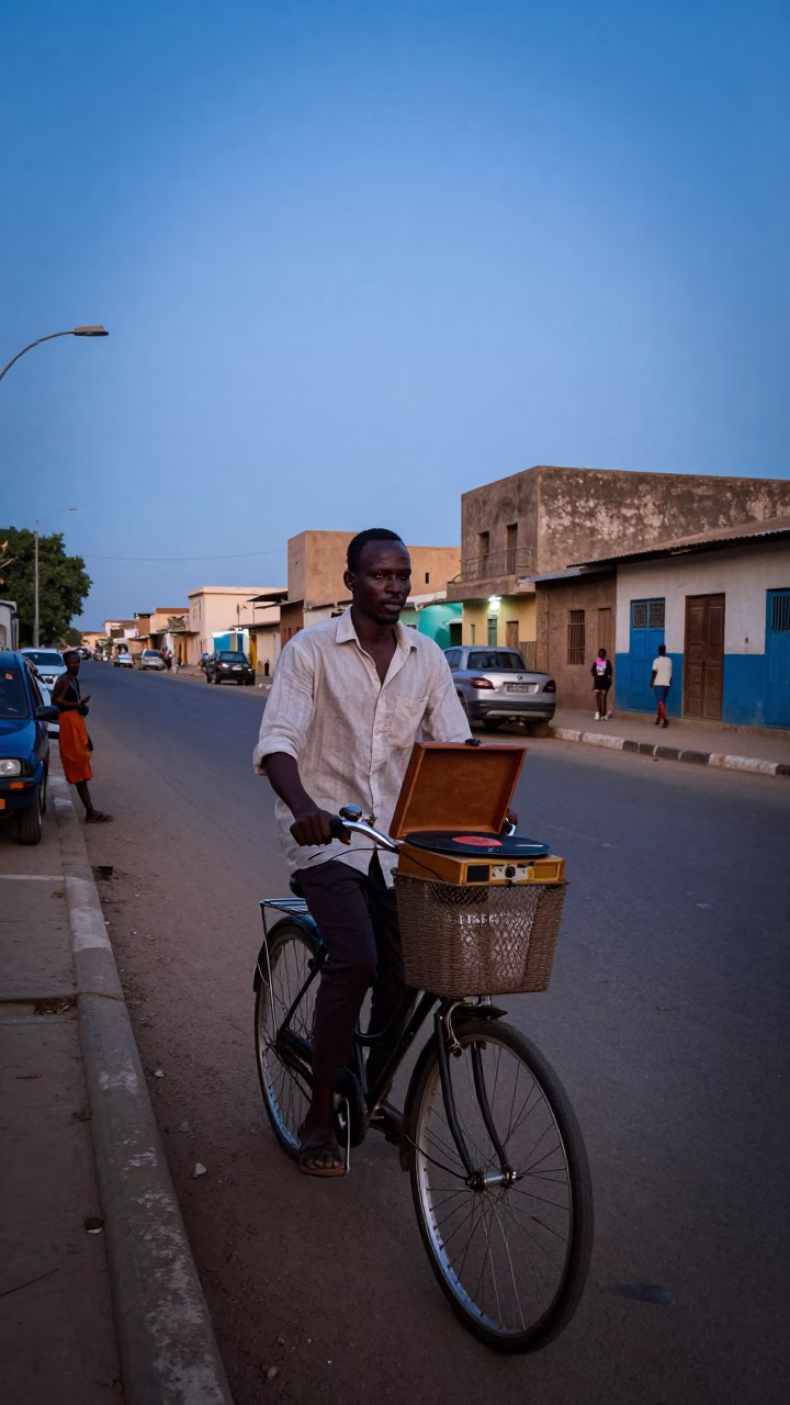 Indigo twilight street scene in Dakar Senegal with bicycle basket and record player in in Dakar, Senegal