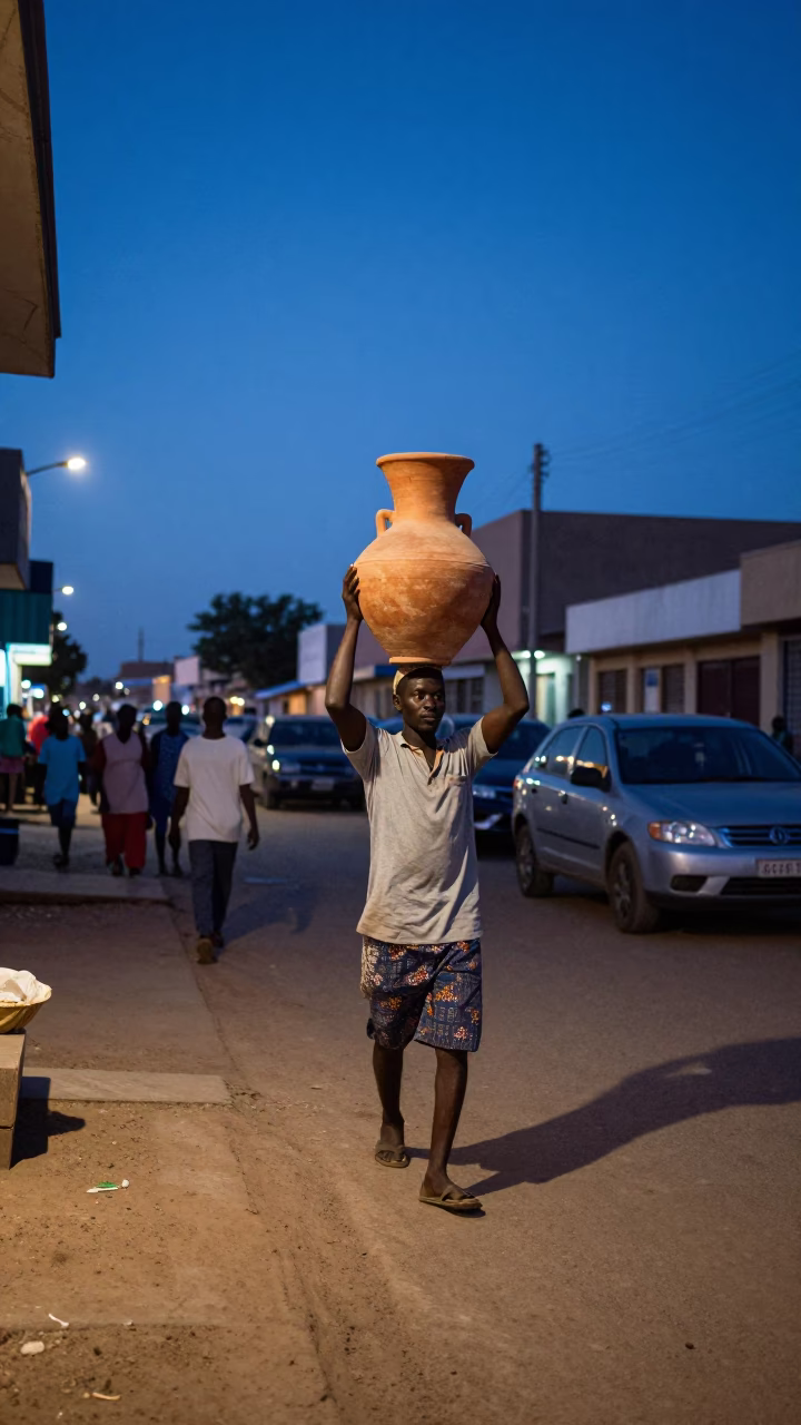 Indigo Twilight Street Scene in Dakar Senegal with Clay Pot Vendor in in Dakar, Senegal
