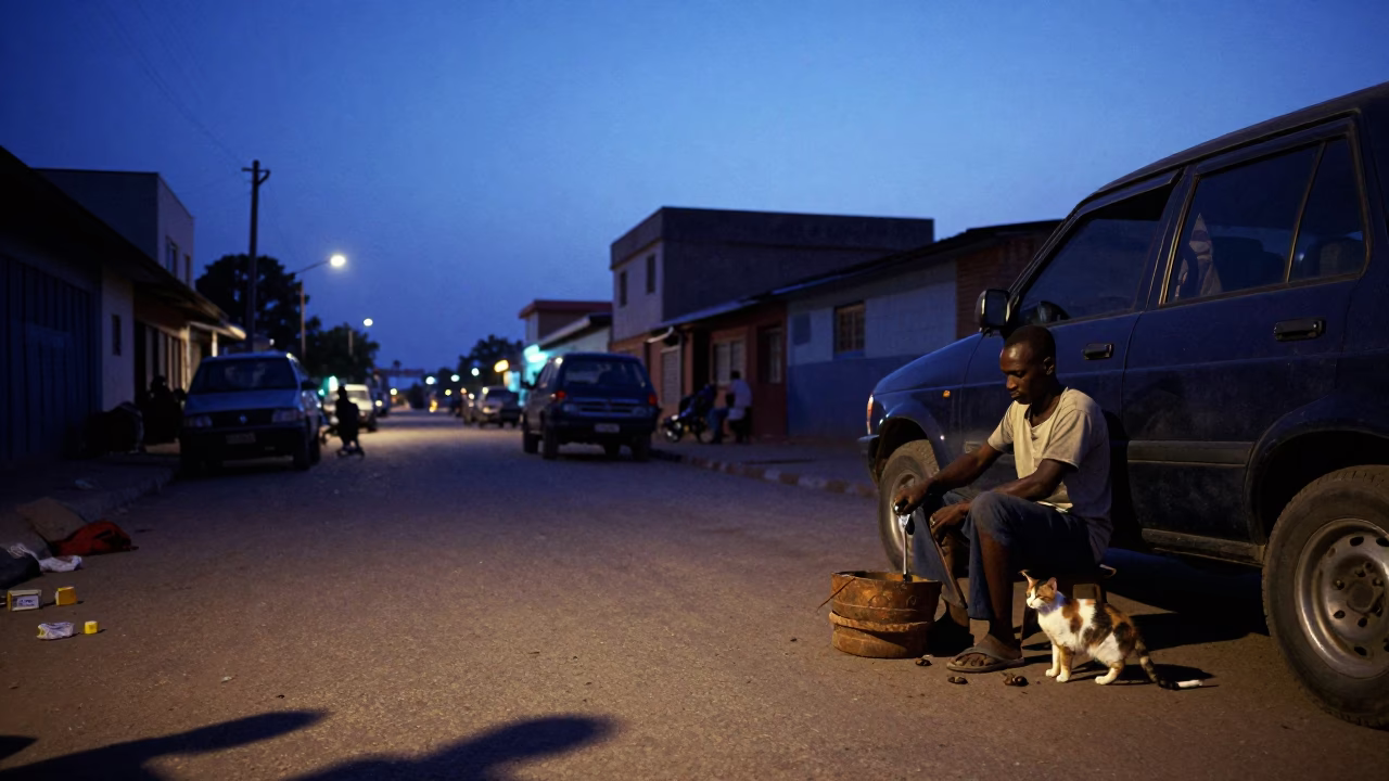 Indigo Twilight Street Scene in Dakar Senegal with Wrench and Cat in in Dakar, Senegal