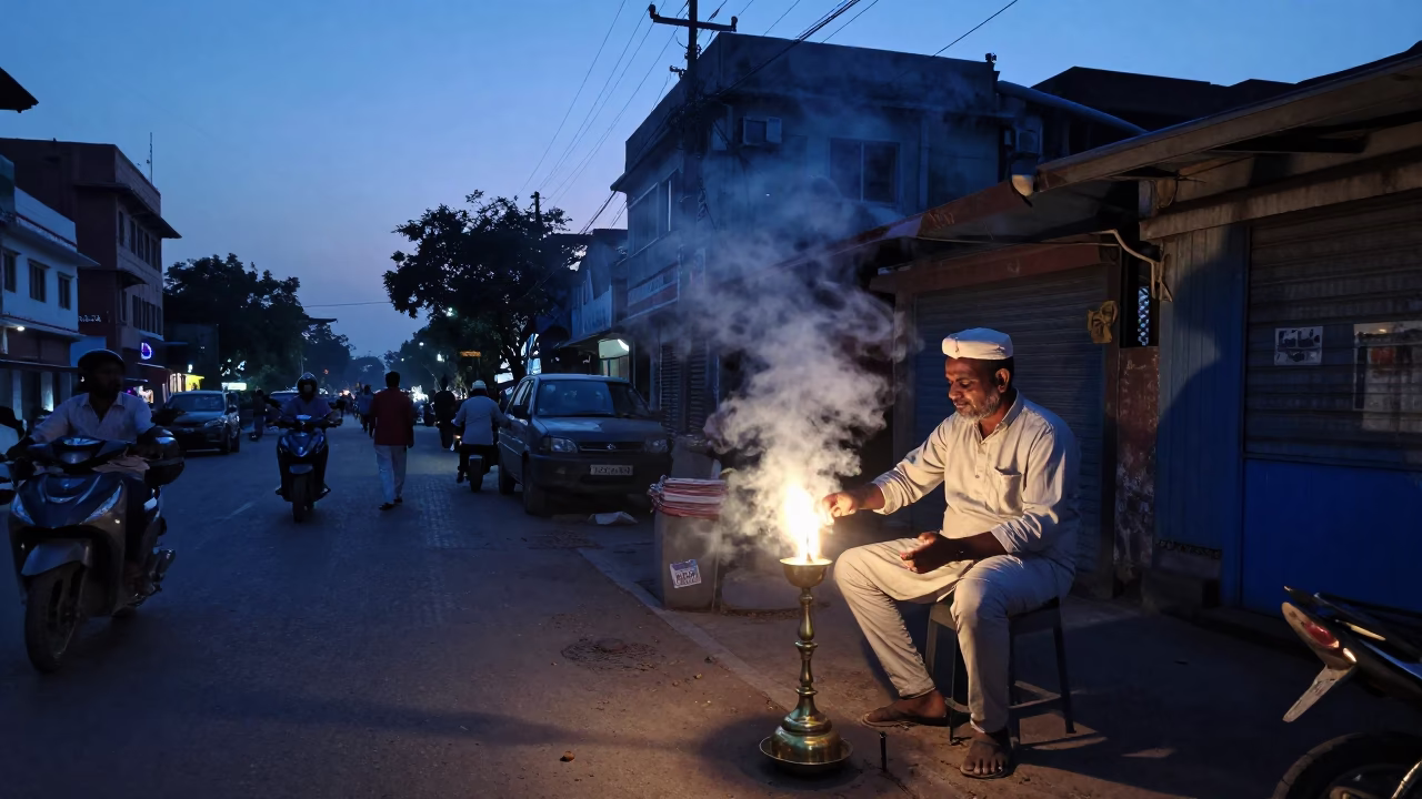 Indigo Twilight Street Scene in Delhi India with Steam Haze and Local Dining in in Delhi, India
