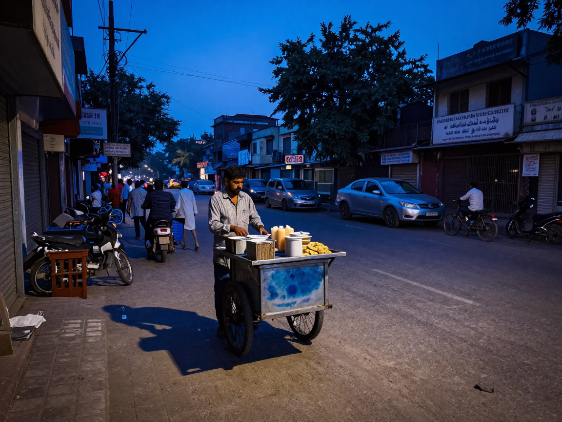 Indigo Twilight Street Scene in Delhi India with Tea Stains and Local Market Activity in in Delhi, India