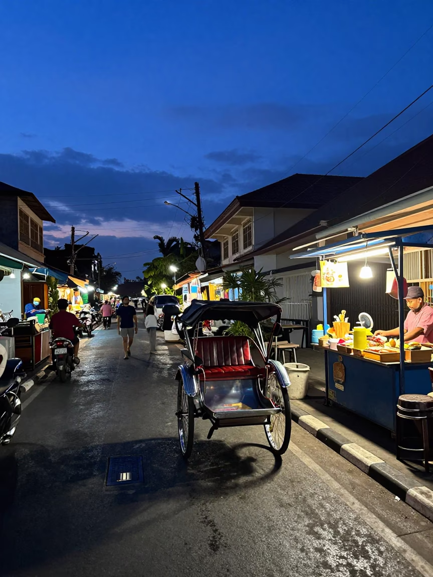 Indigo Twilight Street Scene in Denpasar Bali Indonesia with Rickshaw and Local Life in in Denpasar, Indonesia