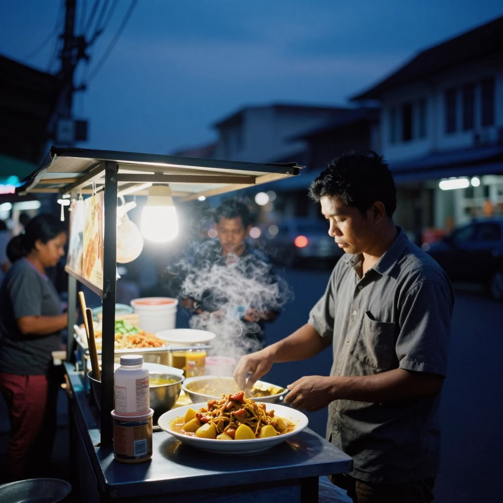 Indigo Twilight Street Scene in Denpasar Indonesia with Food Vendor and Traditional Sampan in in Denpasar, Indonesia