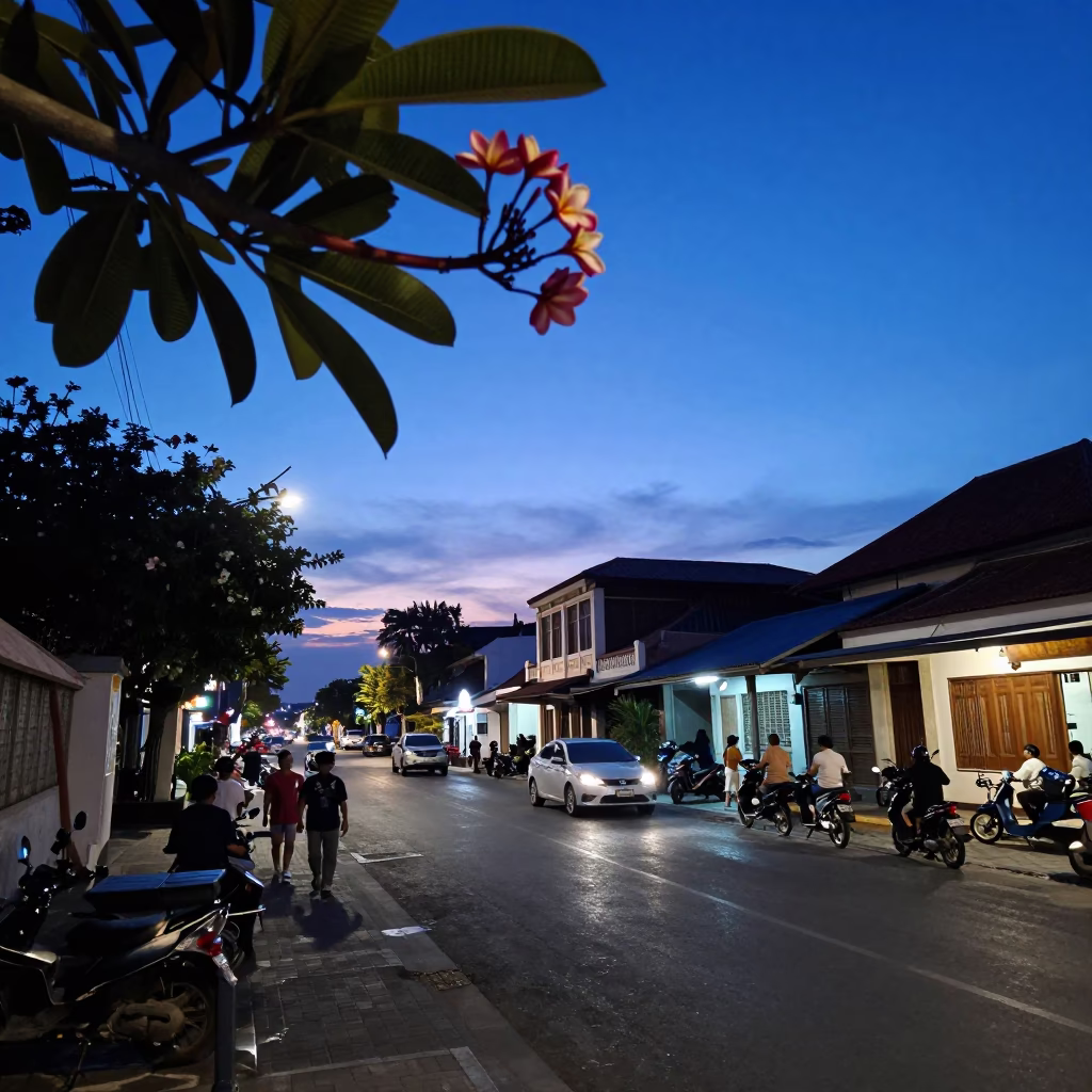 Indigo Twilight Street Scene in Denpasar Indonesia with Frangipani and Local Life in in Denpasar, Indonesia