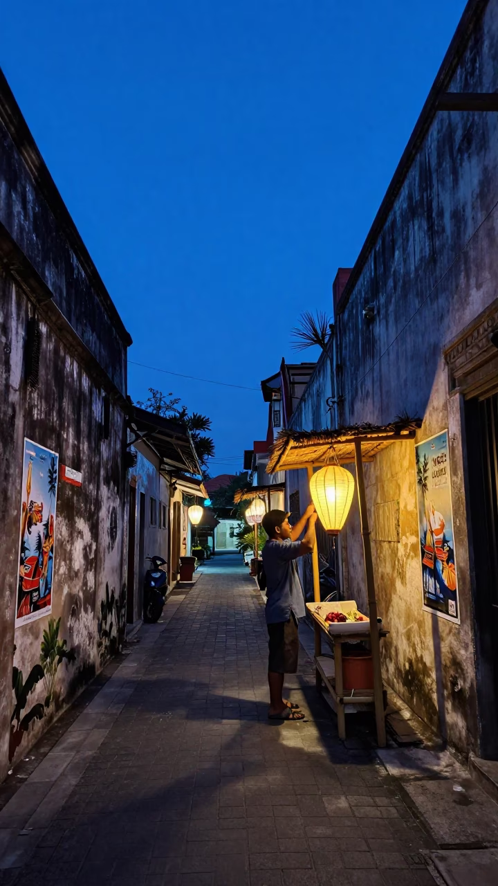 Indigo Twilight Street Scene in Denpasar Indonesia with Lanterns and Rake in in Denpasar, Indonesia