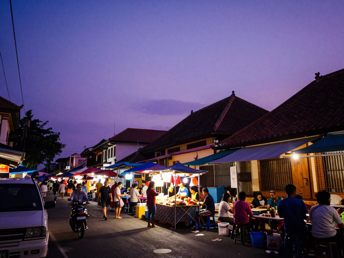 Indigo Twilight Street Scene in Denpasar Indonesia with Local Market Activity in in Denpasar, Indonesia