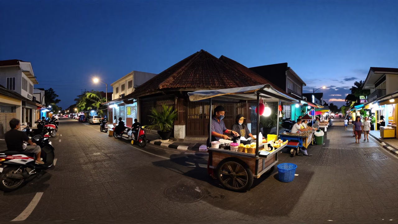 Indigo Twilight Street Scene in Denpasar Indonesia with Local Vendor and Tropical Flora in in Denpasar, Indonesia