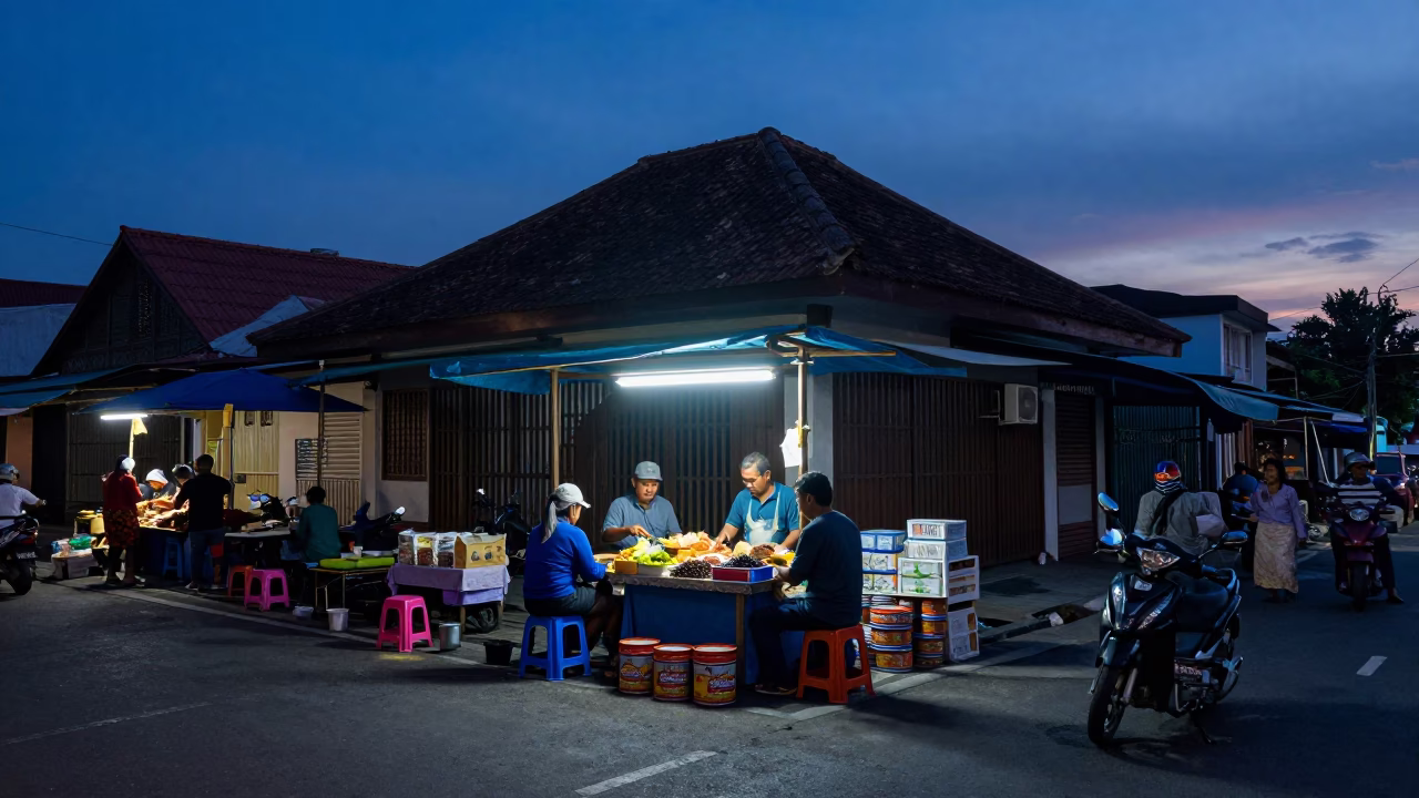 Indigo Twilight Street Scene in Denpasar Indonesia with Spice Tins and Espresso Cup in in Denpasar, Indonesia