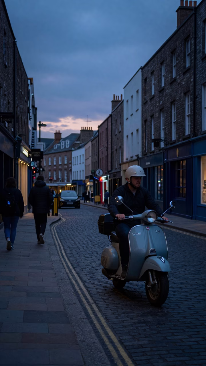 Indigo Twilight Street Scene in Dublin Ireland with Scooter and English Toy Spaniel in in Dublin, Ireland