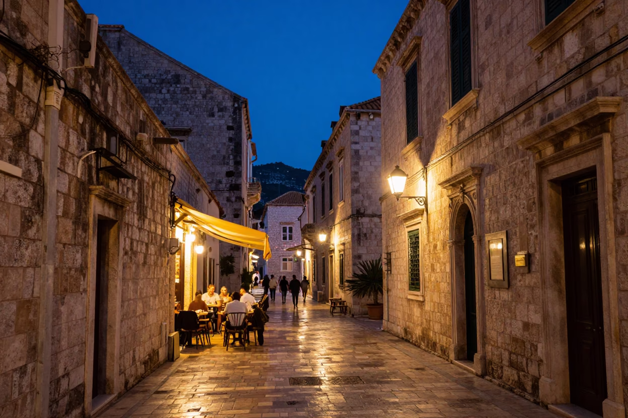Indigo Twilight Street Scene in Dubrovnik Croatia with Brushed Steel and Grease Sheen in in Dubrovnik, Croatia