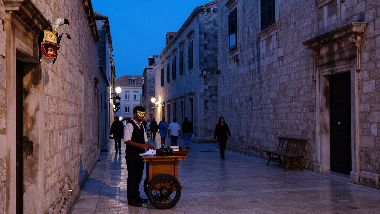 Indigo Twilight Street Scene in Dubrovnik Croatia with Carnival Mask and Coffee Tin in in Dubrovnik, Croatia