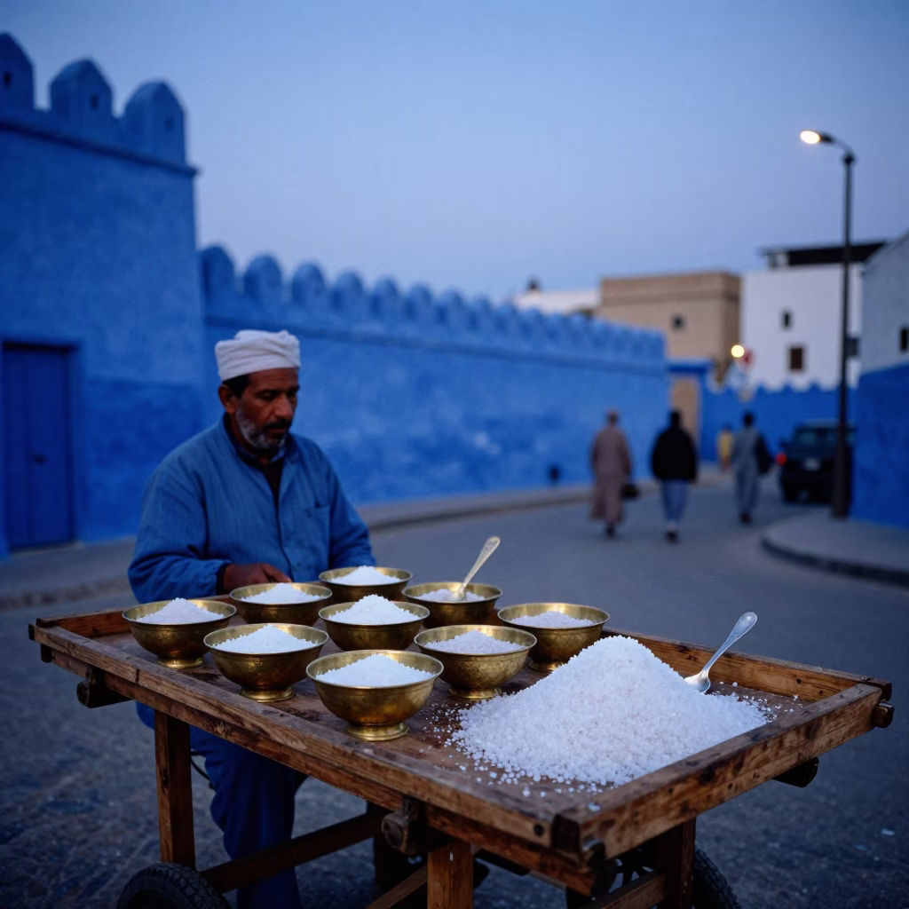 Indigo Twilight Street Scene in Essaouira Morocco with Salt Spoon and Scarf in in Essaouira, Morocco