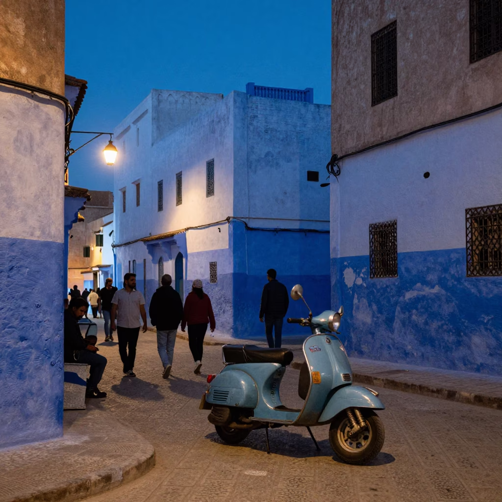 Indigo Twilight Street Scene in Essaouira Morocco with Vintage Scooter and Scarf in in Essaouira, Morocco