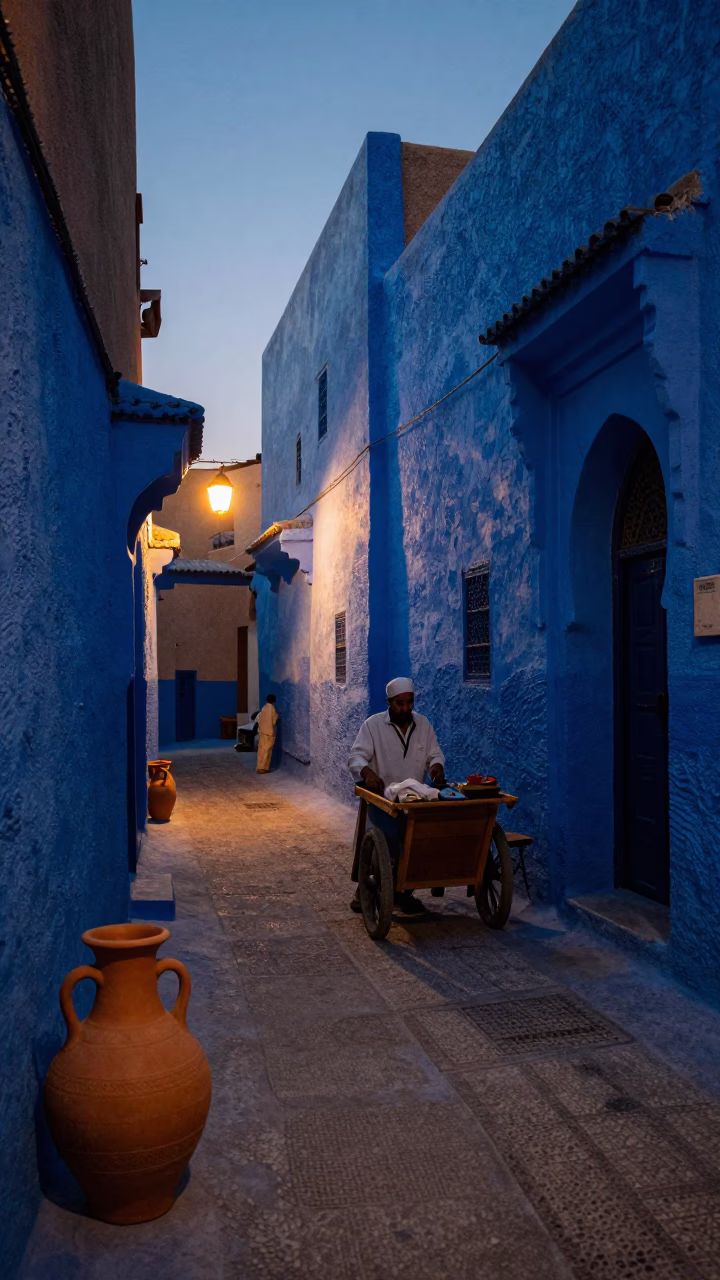 Indigo Twilight Street Scene in Fez Morocco with Clay Pot and Iron Hook Details in in Fez, Morocco