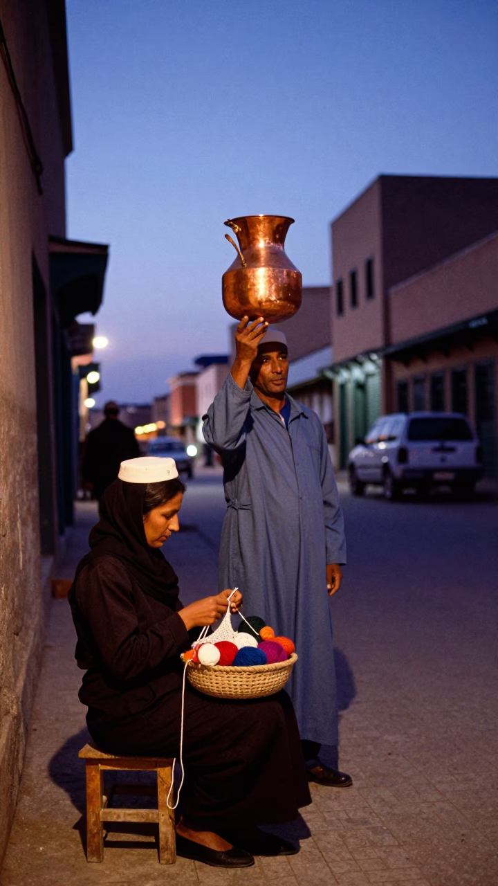 Indigo Twilight Street Scene in Fez Morocco with Copper Pot and Knitting Basket in in Fez, Morocco